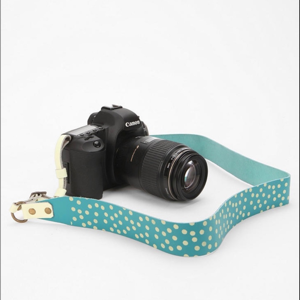 falconwright for Urban Outfitters teal & light green leather dotted camera strap